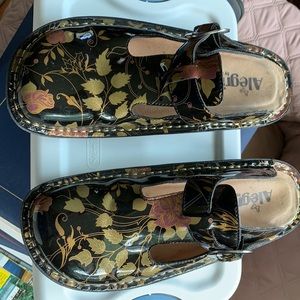 Alegira clogs. Black w/gold,green & rose design